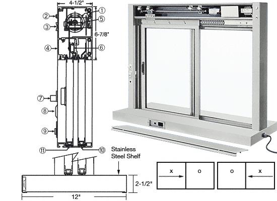 CRL Custom Size Satin Anodized All Electric Fully Automatic Deluxe Sliding Service Window - Stainless Steel Shelf