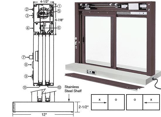 CRL Custom Size Duranodic Bronze All Electric Fully Automatic Deluxe Sliding Service Window - Stainless Steel Shelf