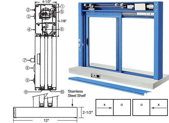 CRL Custom Size Kynar Painted (Specify) All Electric Fully Automatic Deluxe Sliding Service Window - Stainless Steel Shelf