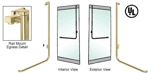 CRL Satin Brass Right Hand Reverse Swing Rail Mount Retainer Plate Exterior Top Securing Electronic Egress Control Handle