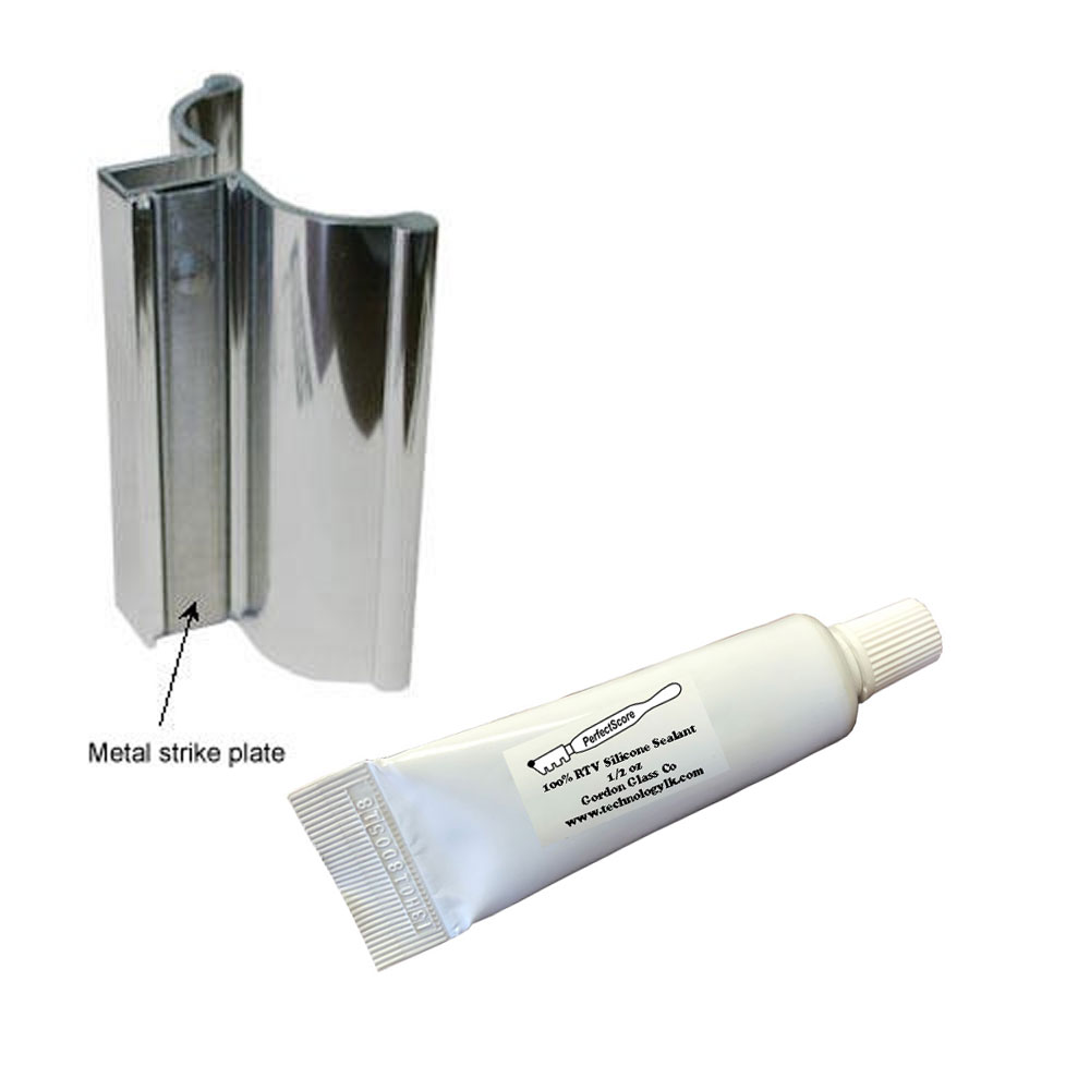 Gordon Glass&#174; 3" Bright Chrome Frameless Shower Door Handle with Metal Strike and Clear 100% Pure RTV Silicone Sealant - 0.5 oz. Squeeze Tube for 1/8", 5/32", 3/16" and 1/4" Glass - Set