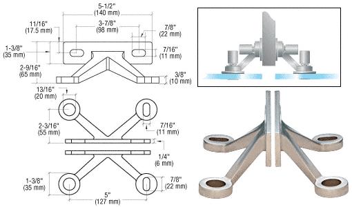 CRL Brushed Stainless Four Arm  "V"  Wall/Fin  Mounted Fitting