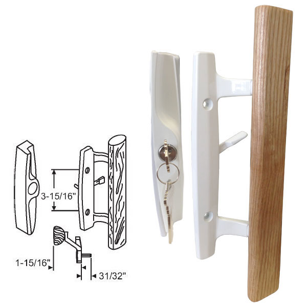 STB Sliding Glass Patio Door Handle Set, Mortise Type, Keyed, White, 3-15/16" Screw Holes