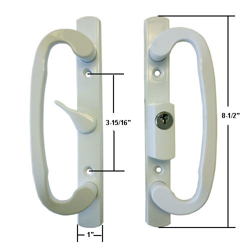 Sliding Glass Patio Door Handle Set, Mortise Type, A-Position, Keyed, White, 3-15/16" Screw Holes