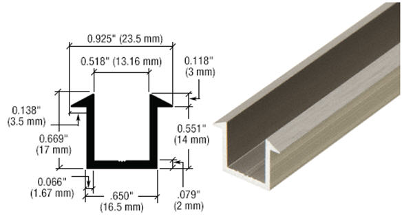 CRL Brushed Nickel U-Channel for 1/2" Glass Recess - 95 in long