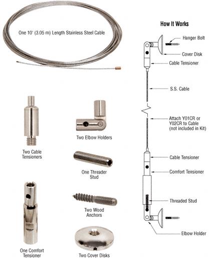 CRL Wall-to-Wall Vertical Cable System Kit for 3/8" Glass