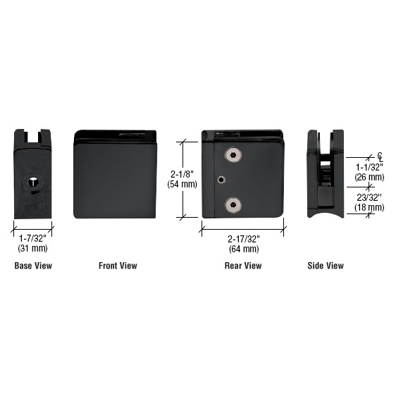 CRL Matte Black Z-Series Square Type Radius Base Stainless Steel Clamp for 1/2" Glass