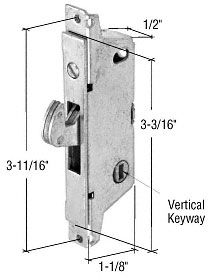 Mortise Lock for Sliding Glass Patio Doors by Adams Rite, Stainless Steel Square End Face Plate, 3-11/16" Screw Holes, Vertical Keyway