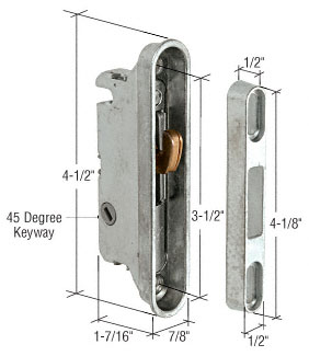 Mortise Lock and Keeper for Sliding Glass Patio Doors, 3-1/2" Screw Holes, 45° Keyway